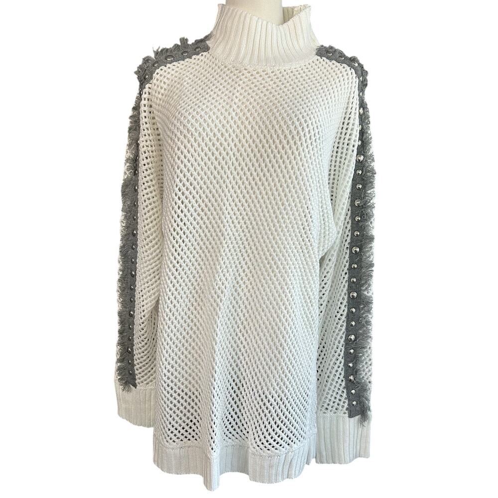 Ashley Stewart NWT Sweater Open Knit Silver Beads Fringe 1X Boho Feminine Causal